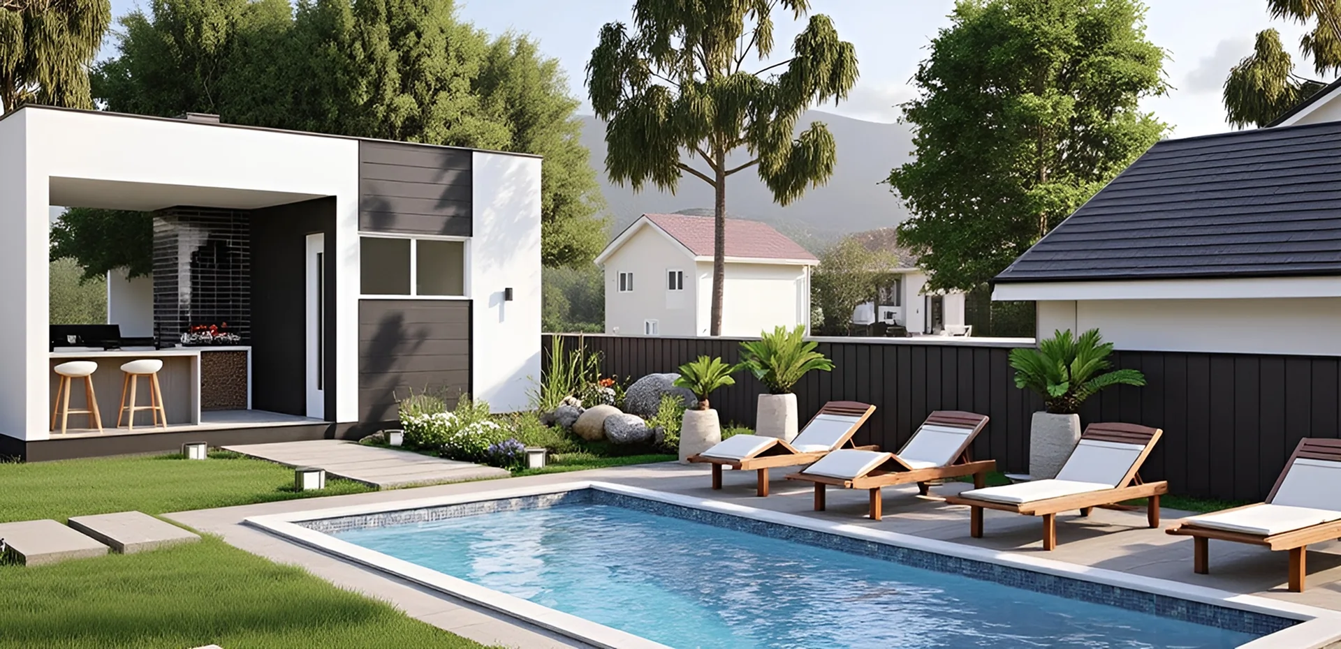 Garden, pool and front of the house