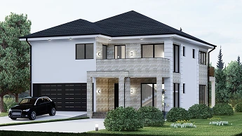 House with garden and black car